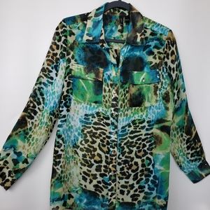🌺Button Down Animal Print sheer top Medium